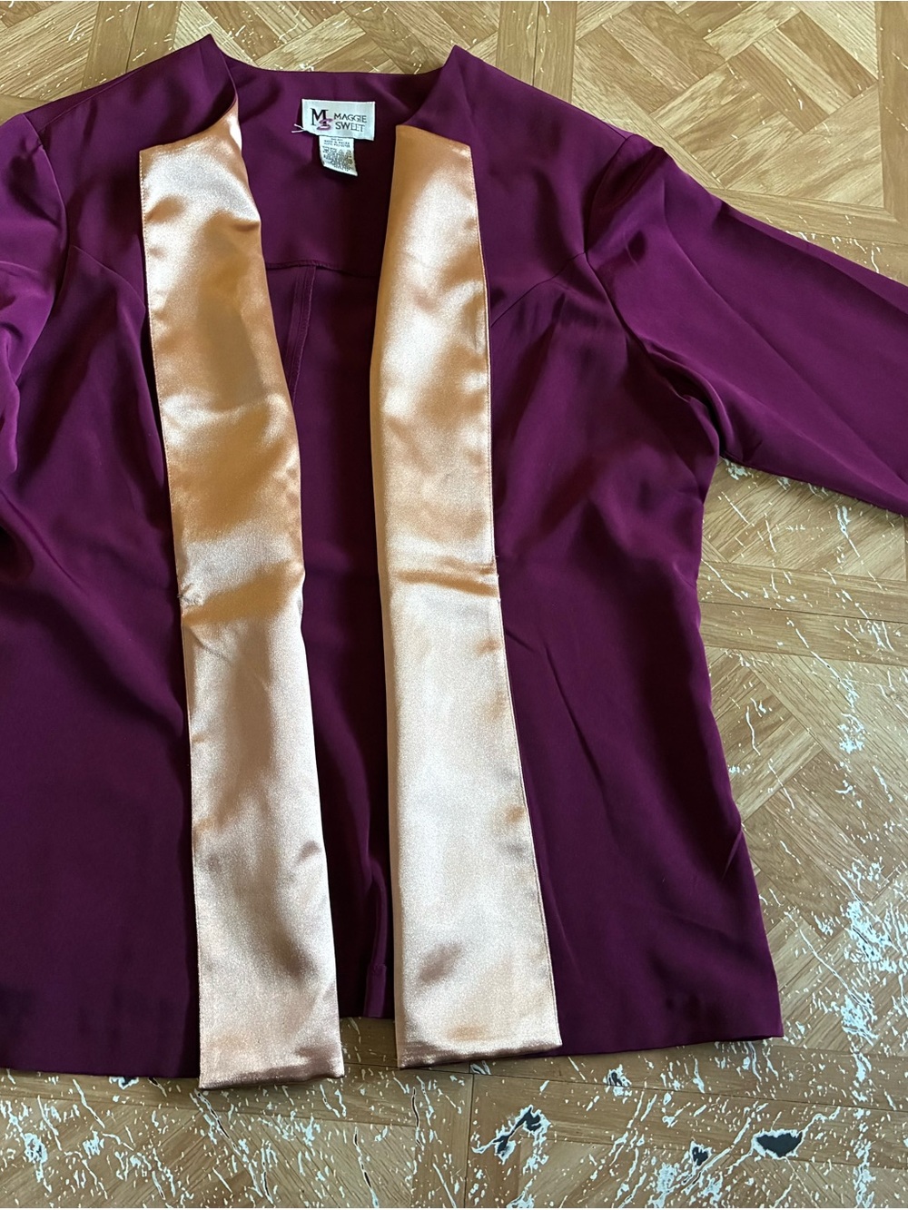 Maggy London Plum Open-Front Blazer with Champagne Satin Trim